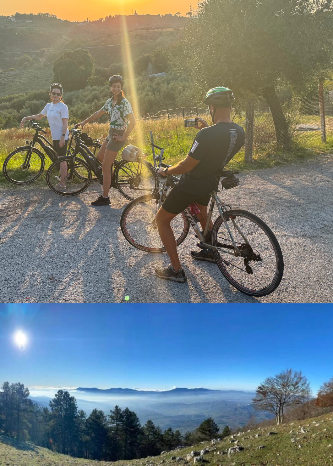ragazze in bici in posa al tramonto gruppo e paesaggio in quota